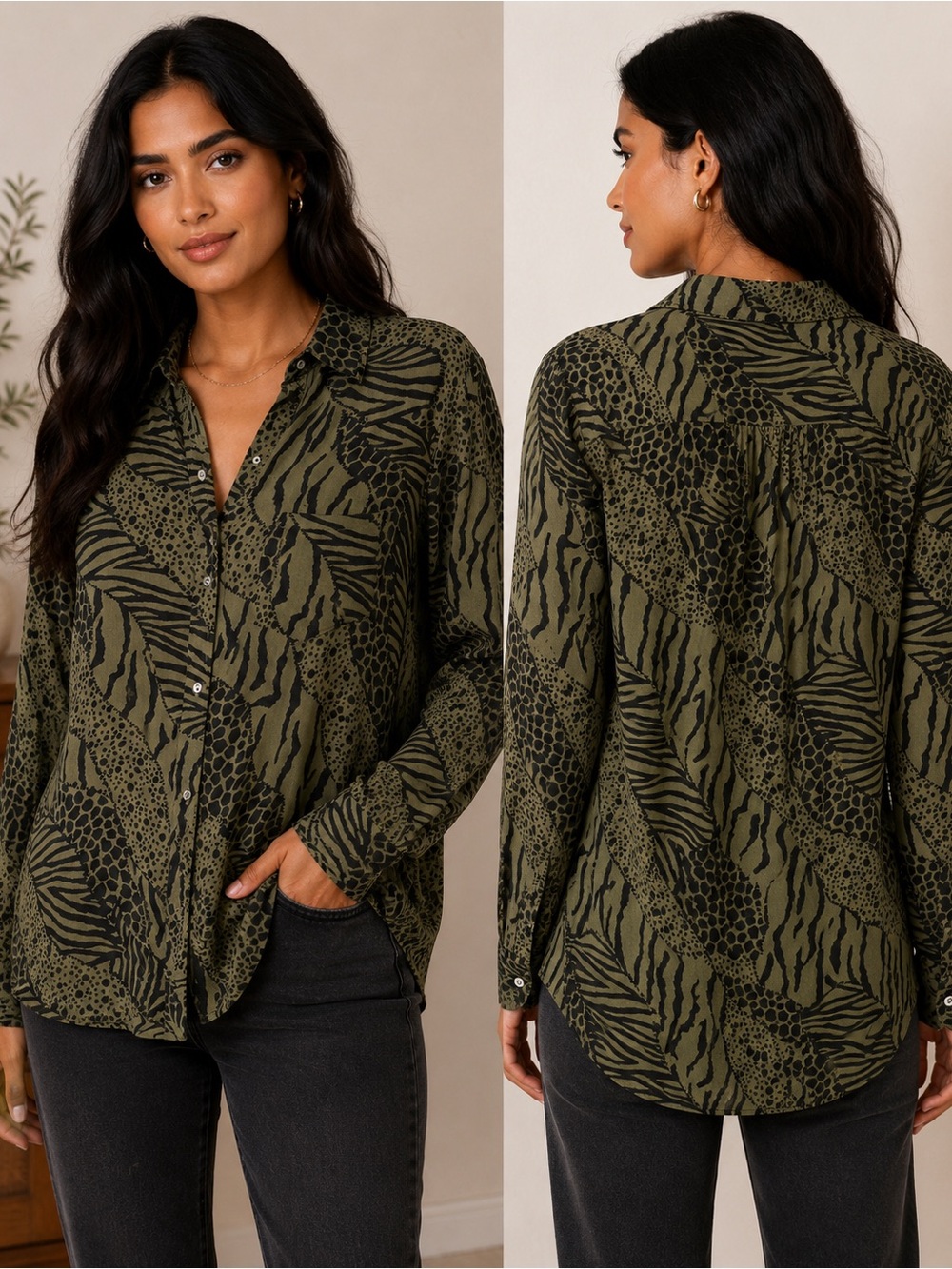 Rails Olive Green Animal-Print Button-Down Shirt